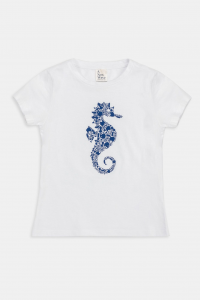 T-shirt con cavalluccio blu - Bianco