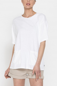 T-shirt in misto lino con tasche frontali - Bianco