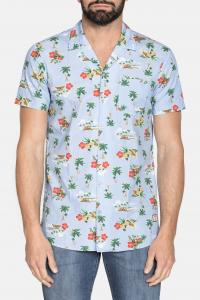 Camicia manica corta collo bowling, in viscosa stampata - fantasia hawaiana su sfondo azzurro