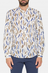 Camicia in misto lino - fantasia stampata di piume su fondo bianco