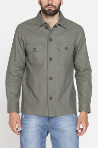 Giacca camicia in lino/cotone con tasche frontali - Verde