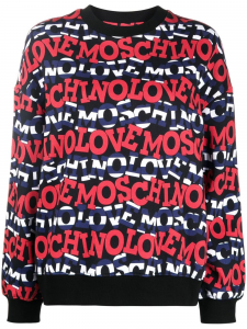 Moschino Love Felpa girocollo in cotone con logo all over - Multicolor