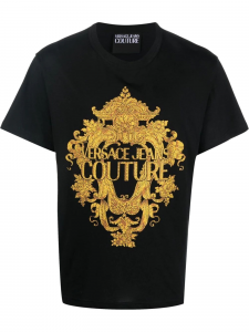 Versace Jeans Couture T-shirt con Logo Baroque e cristalli - Nero/oro