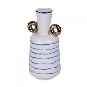 Vaso design in porcellana bianca con dettagli blu e manici oro h.26,5 cm - Egeo