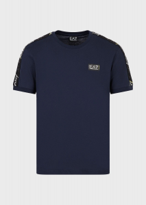 EA7 Emporio Armani T-shirt con piccolo logo frontale e bande sulle spalle - Blu
