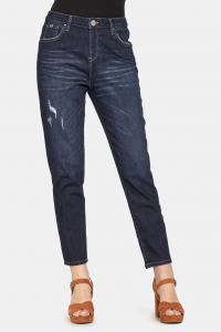 Jeans mom stretch con rotture - Blu scuro
