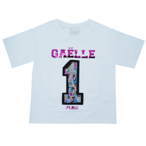 Gaelle T-shirt logo fuxia, numero 1 con strass e perle - Bianco