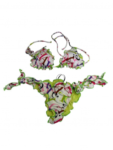 Gaelle Costume triangolo e slip con lettere multicolor e bordo - Verde fluo/bianco