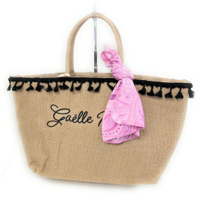 Gaelle Shopper in lino con logo ricamato e foulard - Beige
