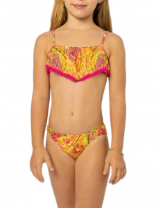4giveness bikini bambina top volant e slip con stampa multicolor fucsia giallo 200