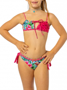 4giveness bikini bambina top e slip in fantasia Leo Pink Flamingo fucsia azzurro 200