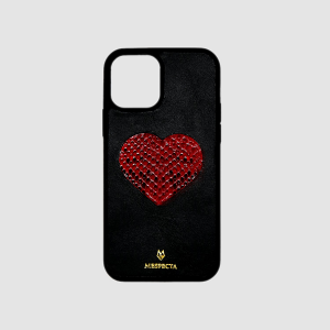 Cover Personalizzabile iPhone 14/13/12/11/XR in vera pelle Nera e Cuore di Pitone Rosso