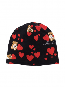 Moschino cappello in cotone stretch con stampa cuori e orsetti nero rosso