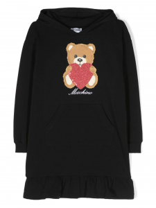 Moschino abito in felpa con cappuccio e stampa orsetto Teddy con cuore glitterato nero