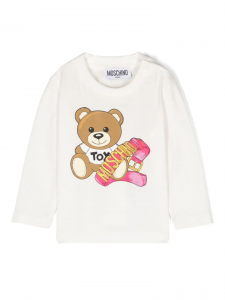 Moschino T-shirt a maniche lunghe in jersey con stampa Teddy Bear panna 10063