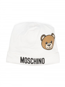 Moschino cappello da neonato in cotone stretch con stampa orsetto Teddy bianco 10063