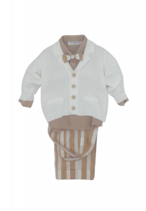 Colorichiari completo per neonato,cardigan bianco,camicia beige,papillon e bermuda a righe. multicolore