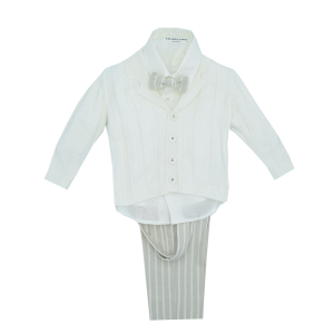 Colorichiari completo per neonato con cardigan camicia in lino e pantalone e papillon a righe bianco e beige. multicolore