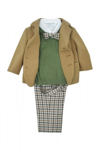 Colorichiari completo per neonato giacca marrone,gilet in lana verde,camicia bianca, pantalone e papillon a quadretti verde  e marrone. multicolore
