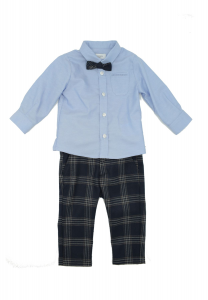 Jeckerson completo per neonato camicia celeste papillon e pantalone blu a quadroni. multicolore