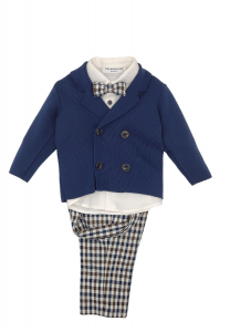 Colorichiari completo per neonato,giacca blu doppio petto,camicia,pantalone e papillon a quadroni. blu