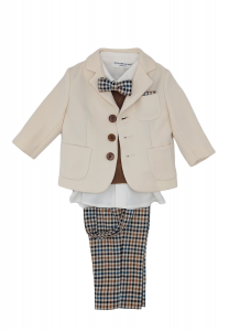 Colorichiari completo elegante per neonato con giacca panna,gilet beige,camicia ,pantalone e papillon pied poule. multicolore