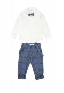Jeckerson completo per neonato,camicia,salopette e papillon a quadroni. blu