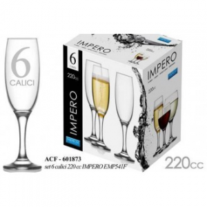 Linea Impero Set 6 Flute Per Champagne e Prosecco In Vetro 220 cl Trasparente Confezione Bicchieri Casa Cucina