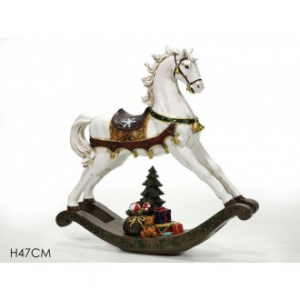 Cavallo A Dondolo Altezza 47 Cm Con Albero Di Natale Colore Bianco E Marrone Dettagliato Stile Classico Vintage Qualità Arredare Casa Natale